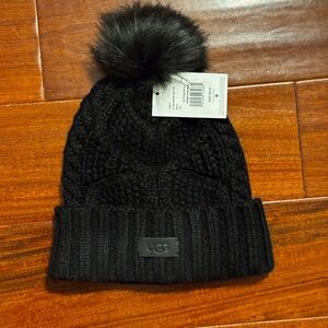 UGG Black Cable Knit Beanie with Pom-Pom